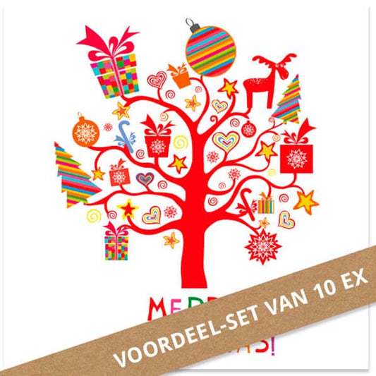 Voordeel set 10 kerstkaarten Boom met kadootjes