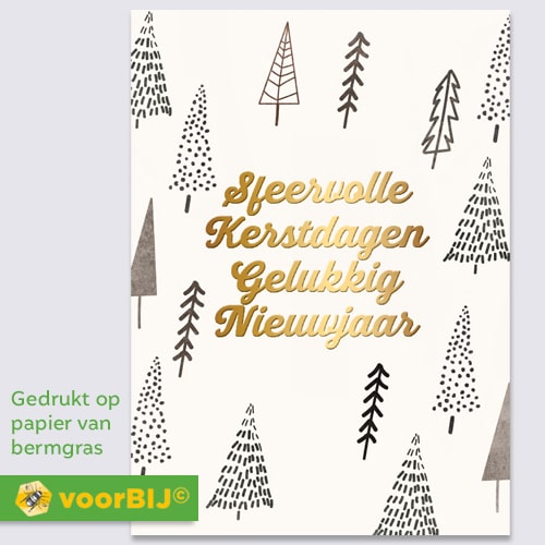 Kerstkaartjes met kerstboompjes en goud folie, op duurzaam papier