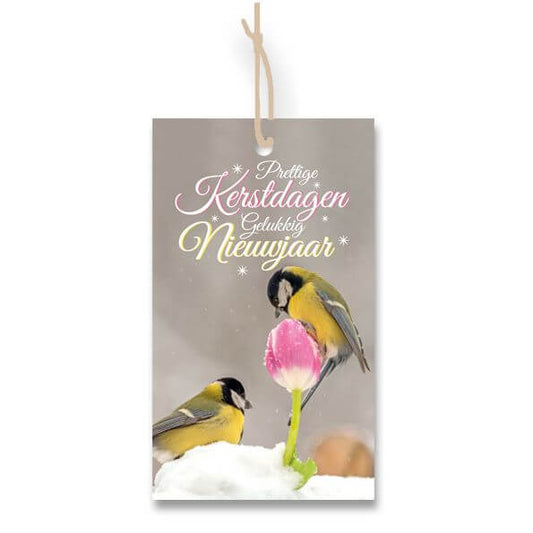 Kerstcadeau label Vogeltjes in de sneeuw