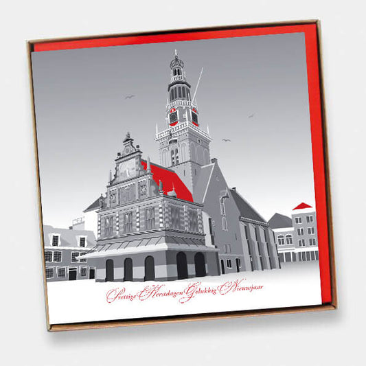kerstkaarten set Alkmaar  de Waag en rode enveloppen.