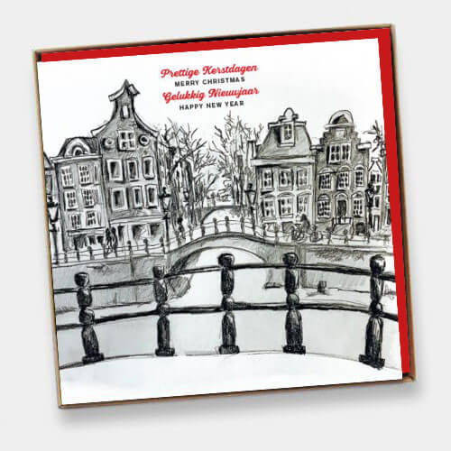 Doosje met 6  luxe kerstkaarten Amsterdam, tekening Pejo.