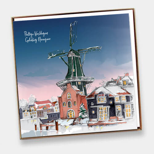 Doosje met 6 Haarlemse kerstkaarten en enveloppen, 3x molen de Adriaan en 3x Gravestenenbrug.