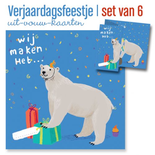 6 uitnodigingen met ijsbeer, uitklap kaartje