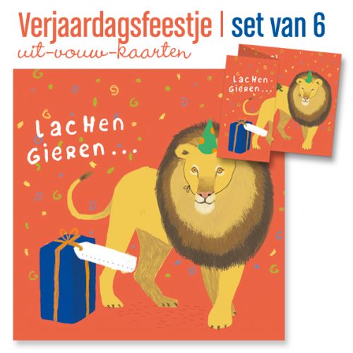 Set van 6  uitnodigingen kinderfeest met leeuw