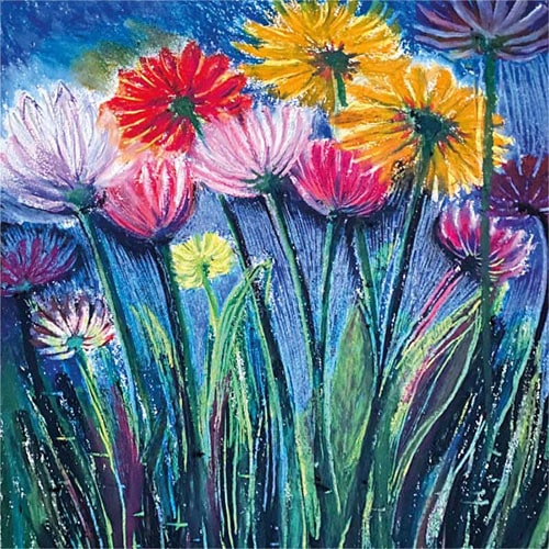 Kunstkaart bloemen onder blauwe hemel