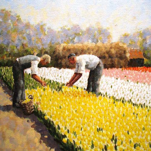 Kunstkaart Bollenvelden met plukkers, leo van den ende