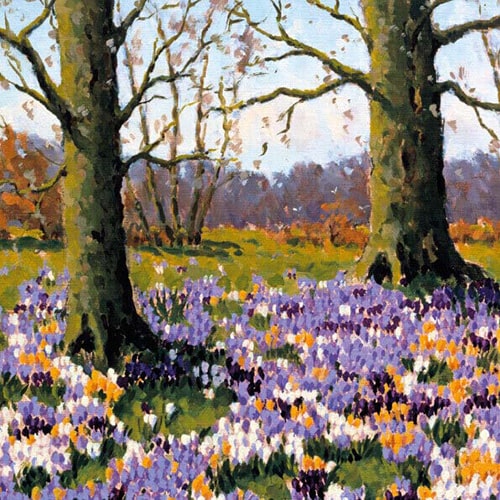 kunstkaart krokussen bij boom, schilderkunst Leo van den Ende