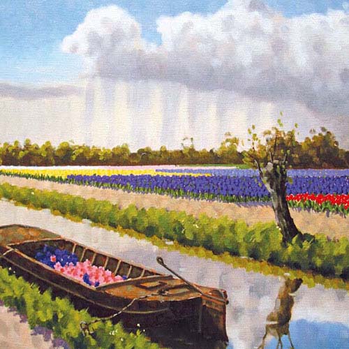 Kunstkaart Bollenveld met tulpen, Leo van den Ende