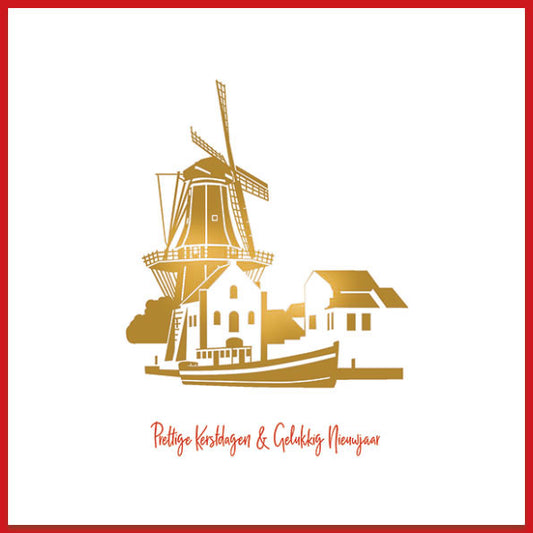 Haarlemse kerstkaart met illustratie van Molen de Adriaan in goudfolie.