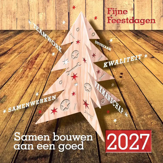 Nieuwjaarskaart 2027 houten kerstboom gereedschap, voor bouwbedrijf
