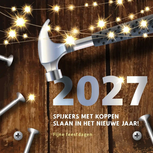 Nieuwjaarskaarten 2027 Bouwen en timmeren.
Kerstkaarten 2027 met gereedschap
