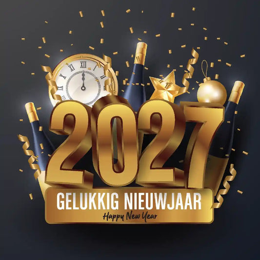 Nieuwjaarskaart 2027 feestelijk met champagne en jaartal. Proosten op het nieuwe jaar.