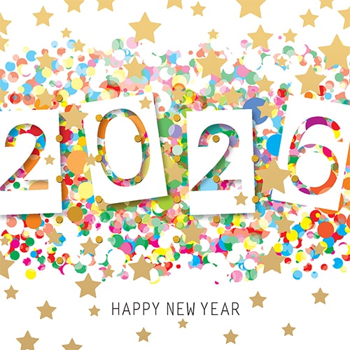 nieuwjaarskaart 2025 sterren confetti feestelijk glanzend goud