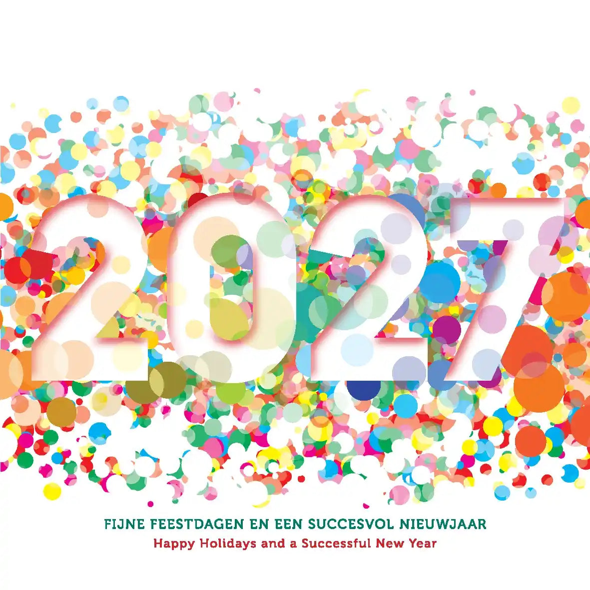 Nieuwjaarskaart 2027 met vrolijke feestelijk confetti en jaartal