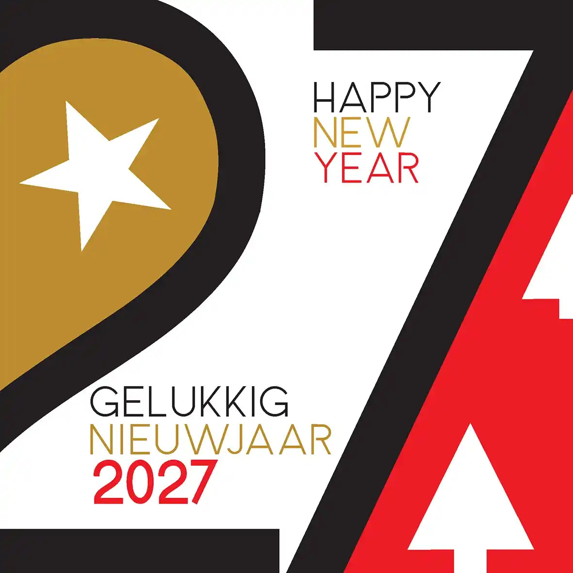 Nieuwjaarskaart 2027 groot jaartal rood zwart goud. Nieuwjaarskaart stoer 