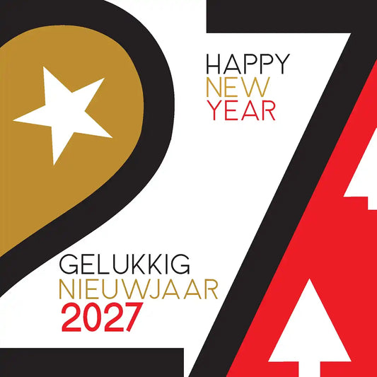 Nieuwjaarskaart 2027 groot jaartal rood zwart goud. Nieuwjaarskaart stoer 