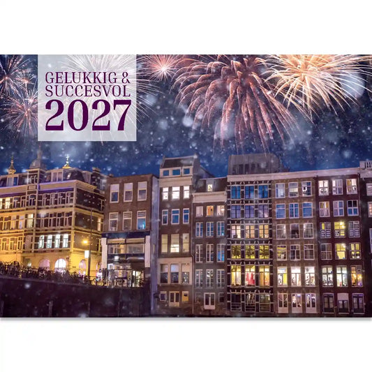 Nieuwjaarskaarten Amsterdam 2027 met vuurwerk boven grachtenpanden