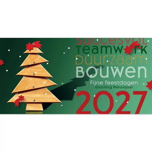 Nieuwjaarskaarten 2027 bouwbedrijf aannemer. van hout getimmerde kerstboom