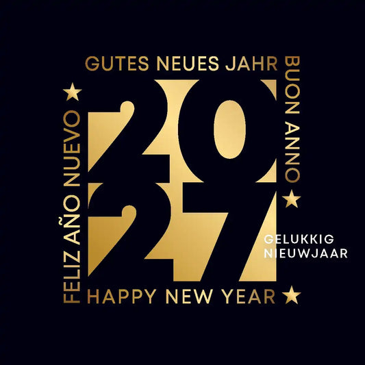 Nieuwjaarskaart 2027 goud zwart zakelijk internationaal