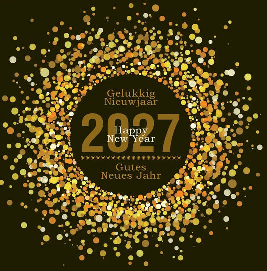 Nieuwjaarskaart 2027 stijlvol in goud kleuren en zwart. Luxe nieuwskaarten 2027 met envelop