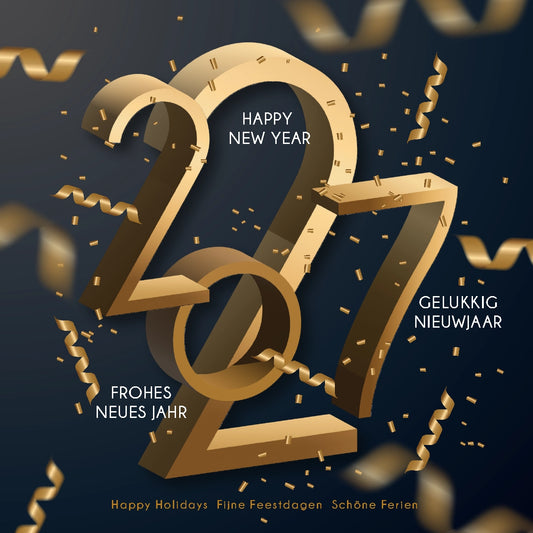 Nieuwjaarskaart 2027  jaartal ruimtelijk goud zwart wit