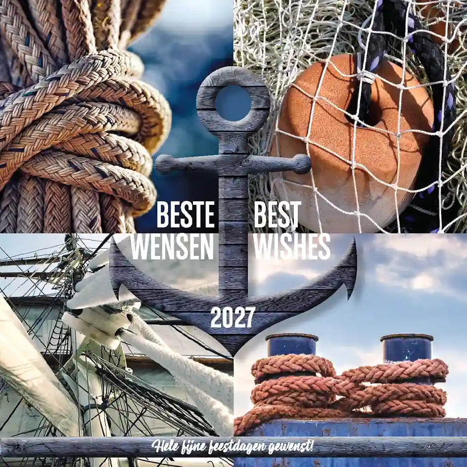 Nieuwjaarskaart 2027 Maritiem bedrijf scheepvaart. Touw, netten, mast