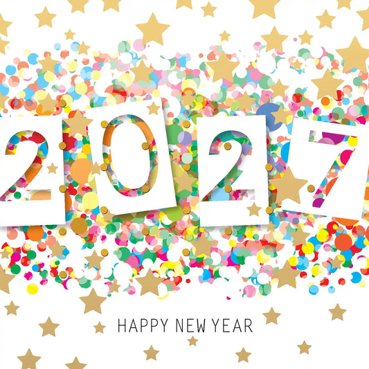 nieuwjaarskaart 2027 sterren confetti feestelijk glanzend goud