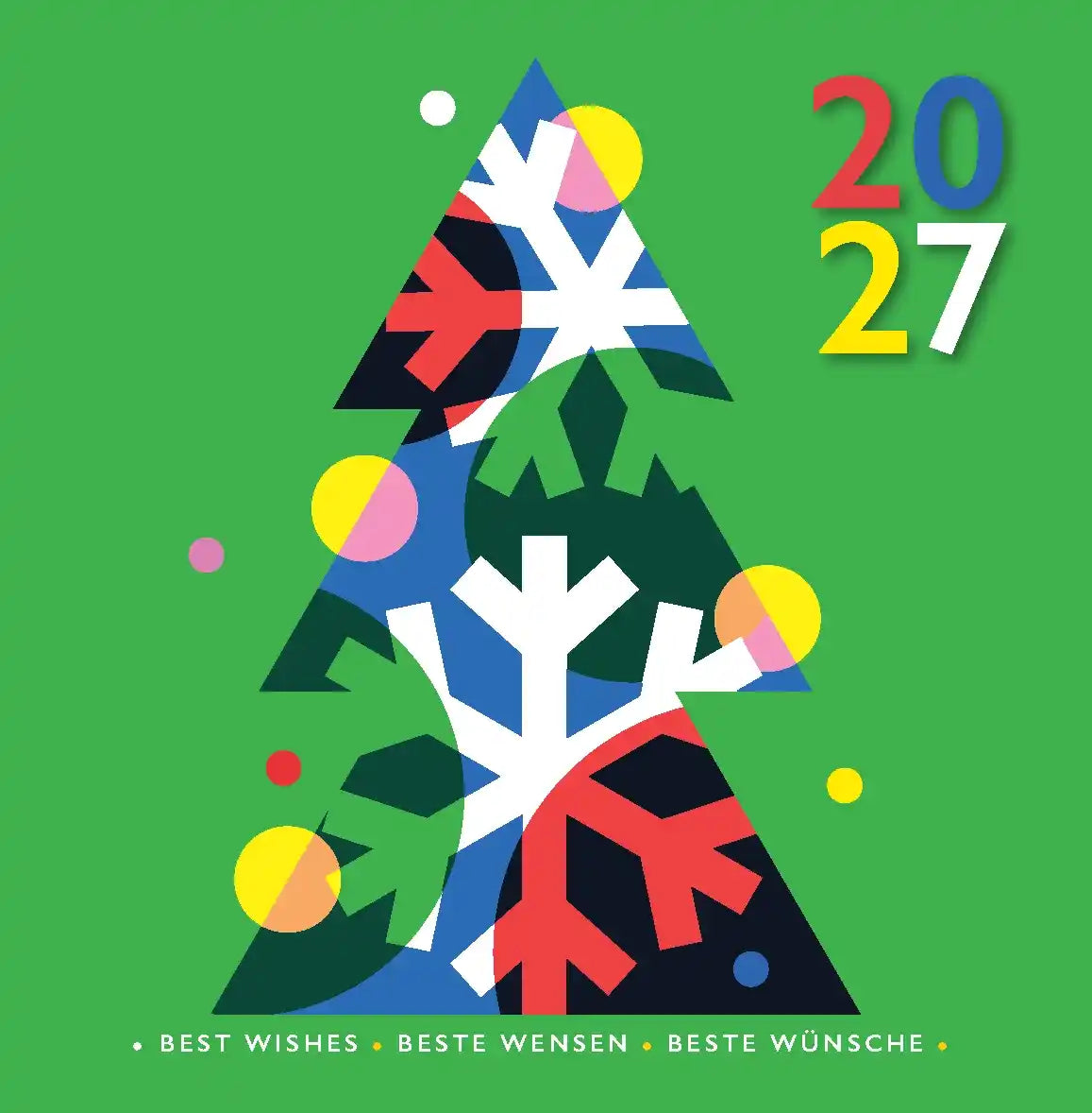 Nieuwjaarskaarten 2027 Vrolijke kleurrijke moderne kerstboom