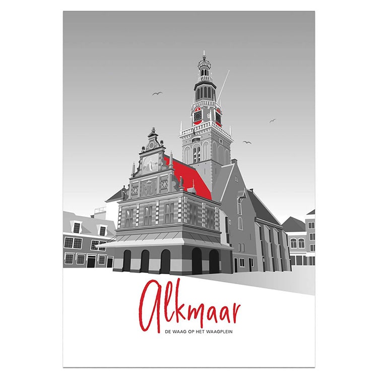 Poster Alkmaar A3, Waag in rood en grijs