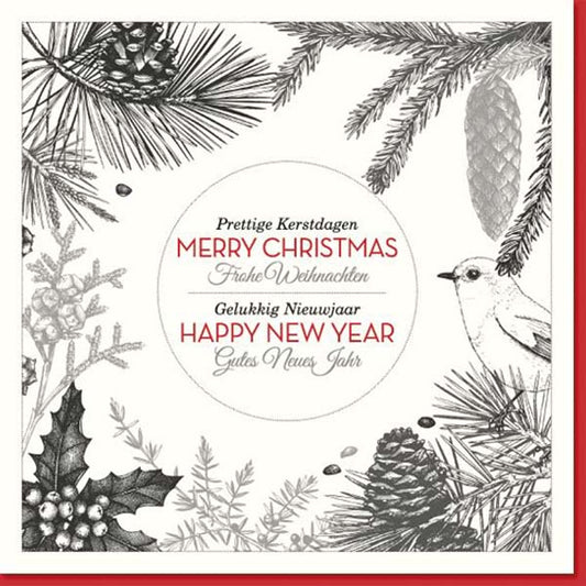 Kerstkaart Rode Kruis getekend in zwart en rood