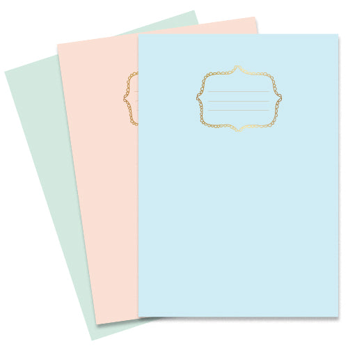 Schriften A5 lijn, 3 ex, met gouden kadertje in pastel kleuren