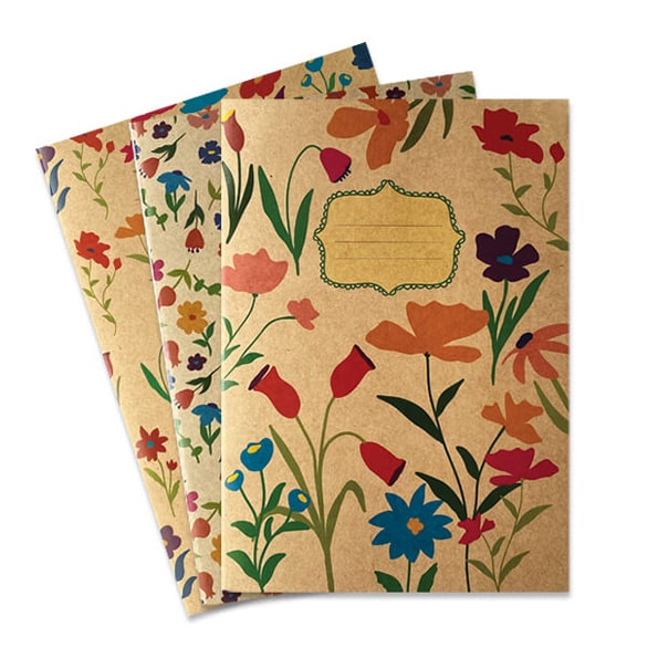 Schriften A5 lijn, set van 3, bloemen op kraft.