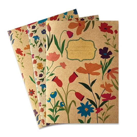 Schriften A5 lijn, set van 3, bloemen op kraft.