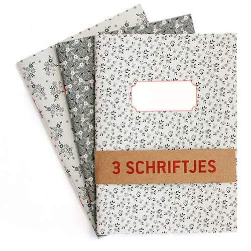 Set van 3 Schriften A5 met hippe motiefjes in grijstinten, lijntjes