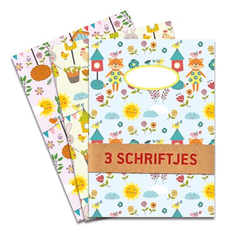 Set van 3 schriften A5 Little Kids, met illustraties van lieve diertjes, vogeltjes en bloemen . Drie verschillende designs per set. Gelinieerd binnenwerk.