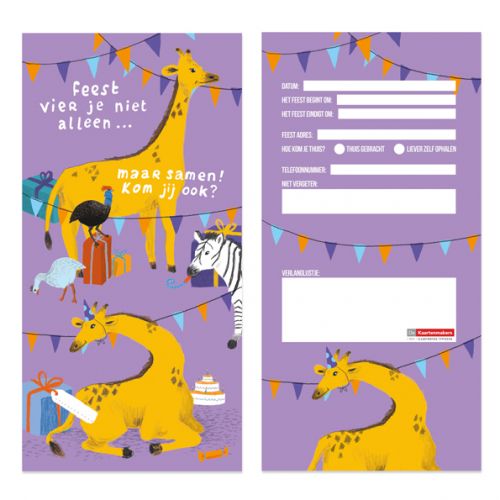 Voor- en achterkant uitnodiging kinderfeestje Giraf