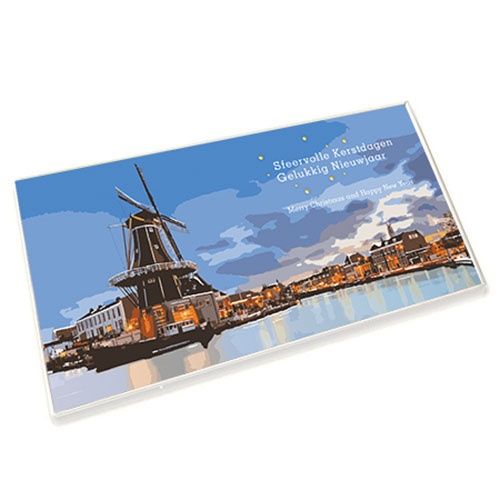 Luxe kerstkaarten Haarlem prachtige illustraties Molen de Adriaan aan het Spaarne en Grote Markt met Bavokerk