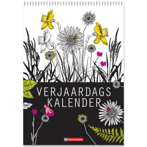 Verjaardagskalender A4 in zwart/wit, bloemen illustraties