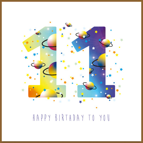 Verjaardagskaart 11 jaar, helaal, planeten en sterren