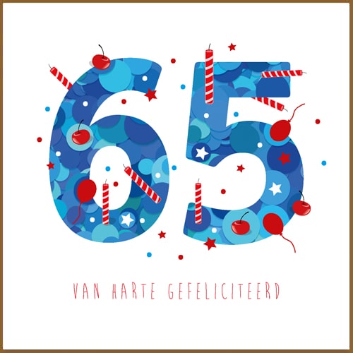 Verjaardagskaart 65 jaar kaarsjes ballonnen