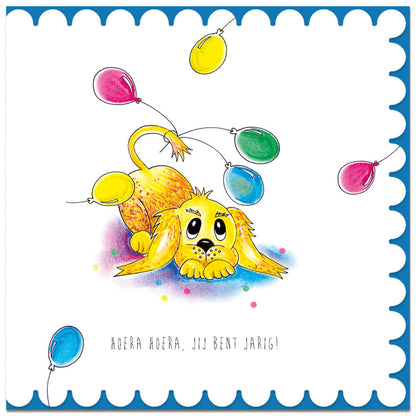 Verjaardagskaart hondje met feestelijke ballonnetjes