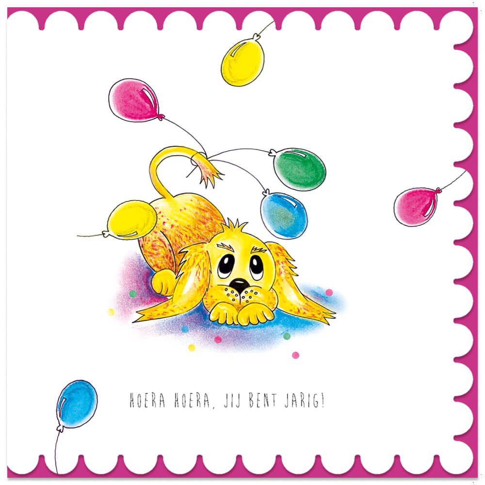 Verjaardagskaarten puppy met ballonnetjes
