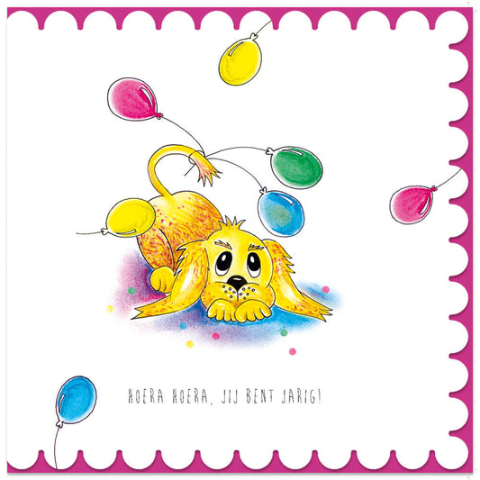 Verjaardagskaarten puppy met ballonnetjes