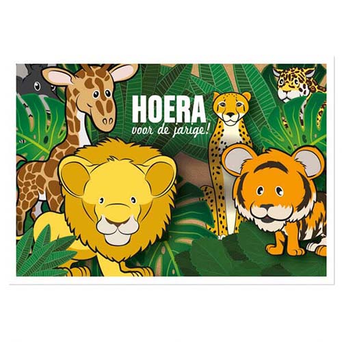 Verjaardagskaart kind met wilde dieren; leeuw, tijger 