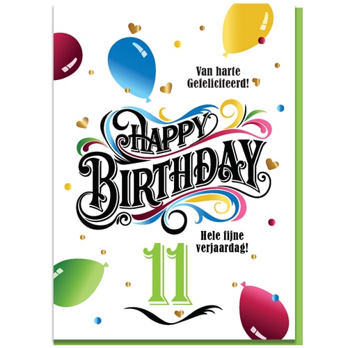 Verjaardagskaartje leeftijd 11 jaar, feestelijk met ballonnen