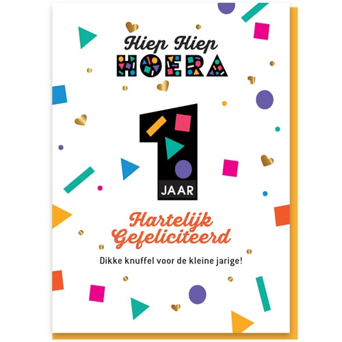Verjaardagskaartje 1 jaar, vrolijk kleurrijk cijfer een