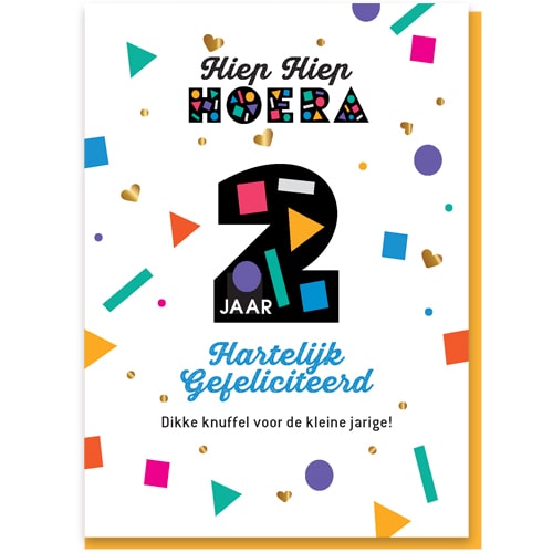  Verjaardagskaartje 2 jaar, vrolijke feestelijke twee en confetti