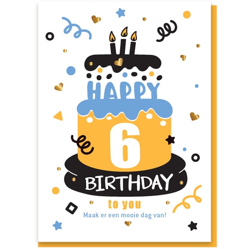 Verjaardagskaartjes 6 jaar, feestje met taart en slingers