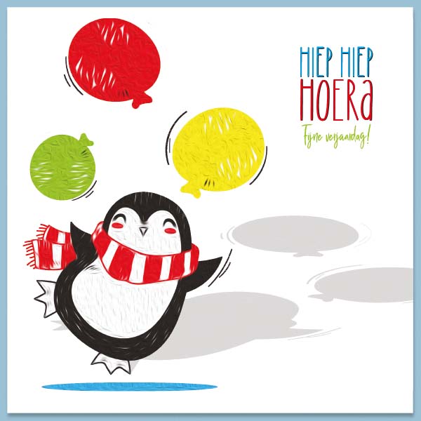Verjaardagskaartje kind, Pinguïn dansend met ballonnen