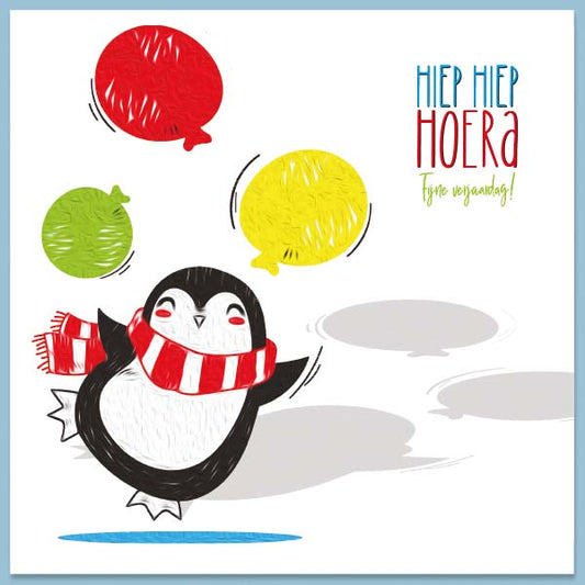 Verjaardagskaartje kind, Pinguïn dansend met ballonnen